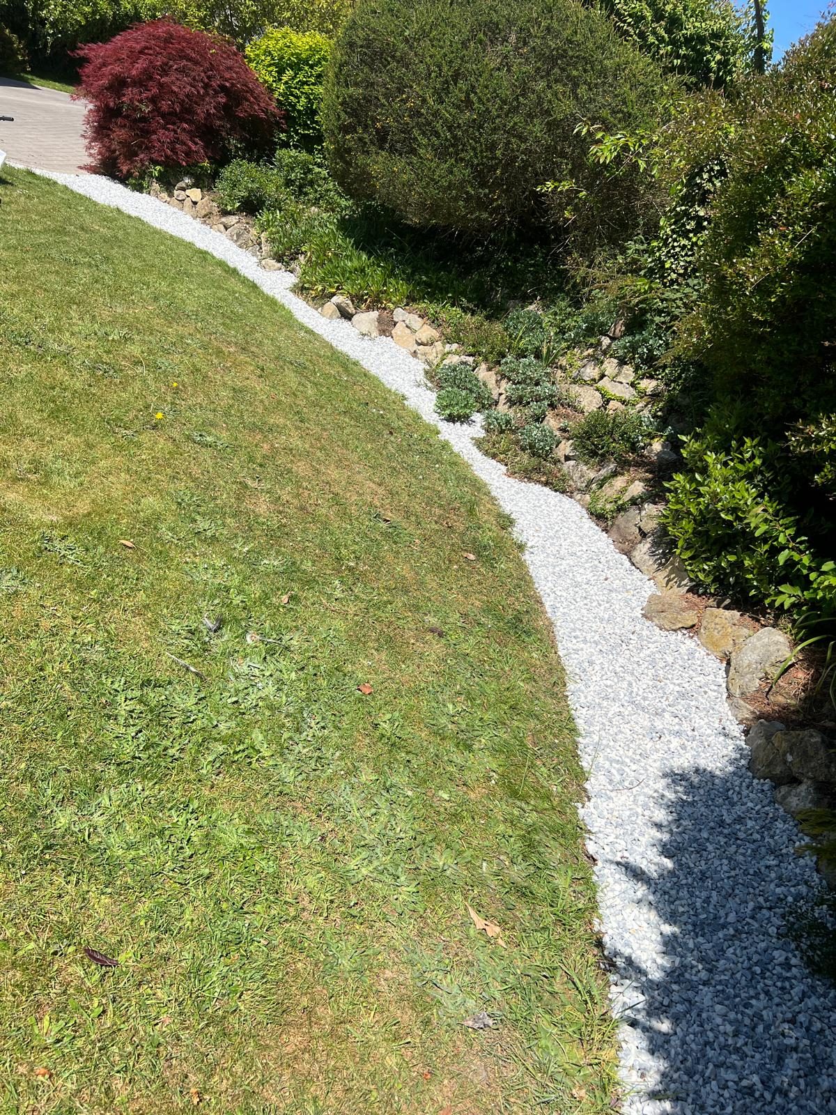 Striped lawn bordered by planting, with a Japanese acer in the foreground